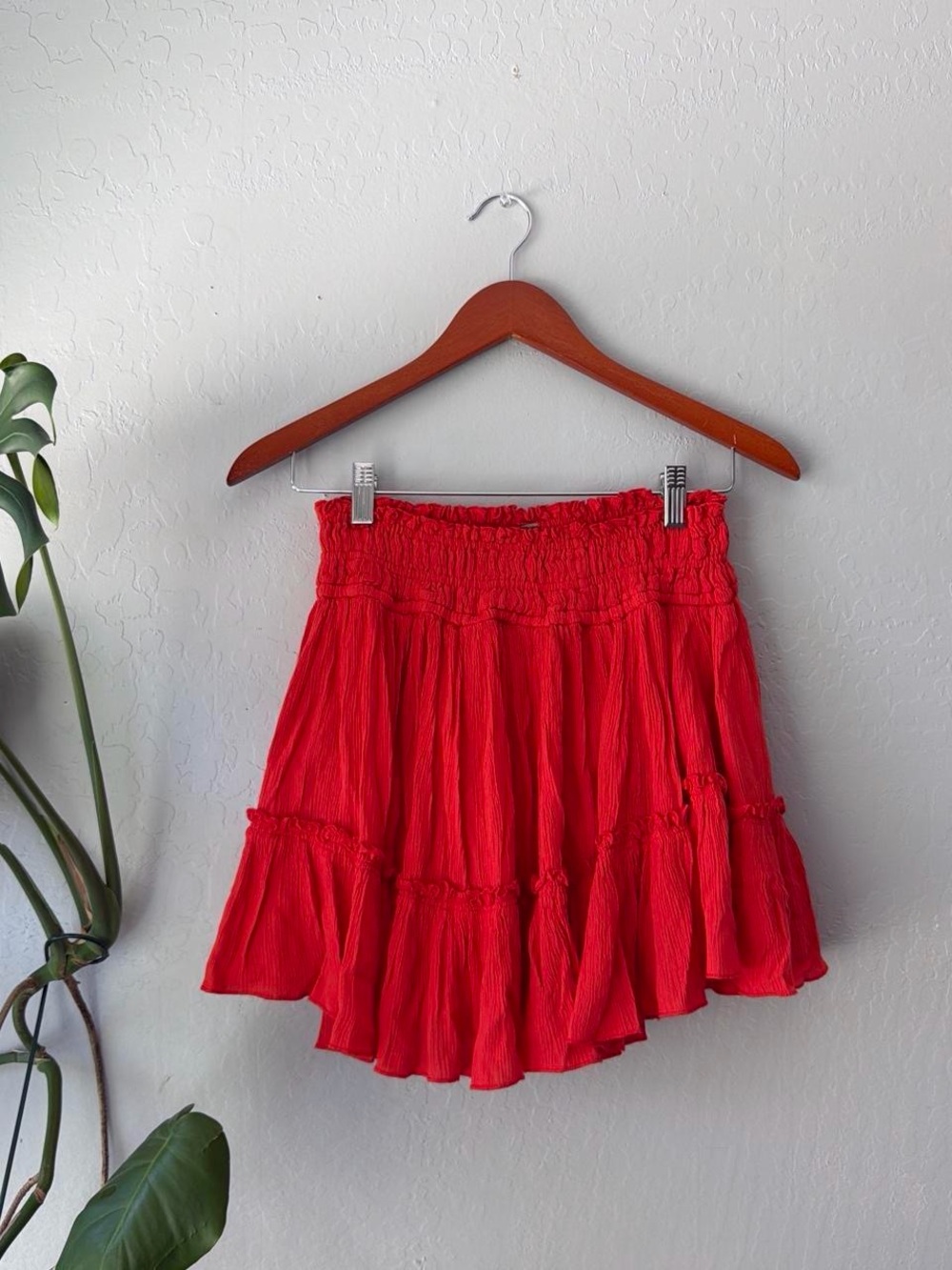 Free People Red Tiered Smocked Mini Skirt